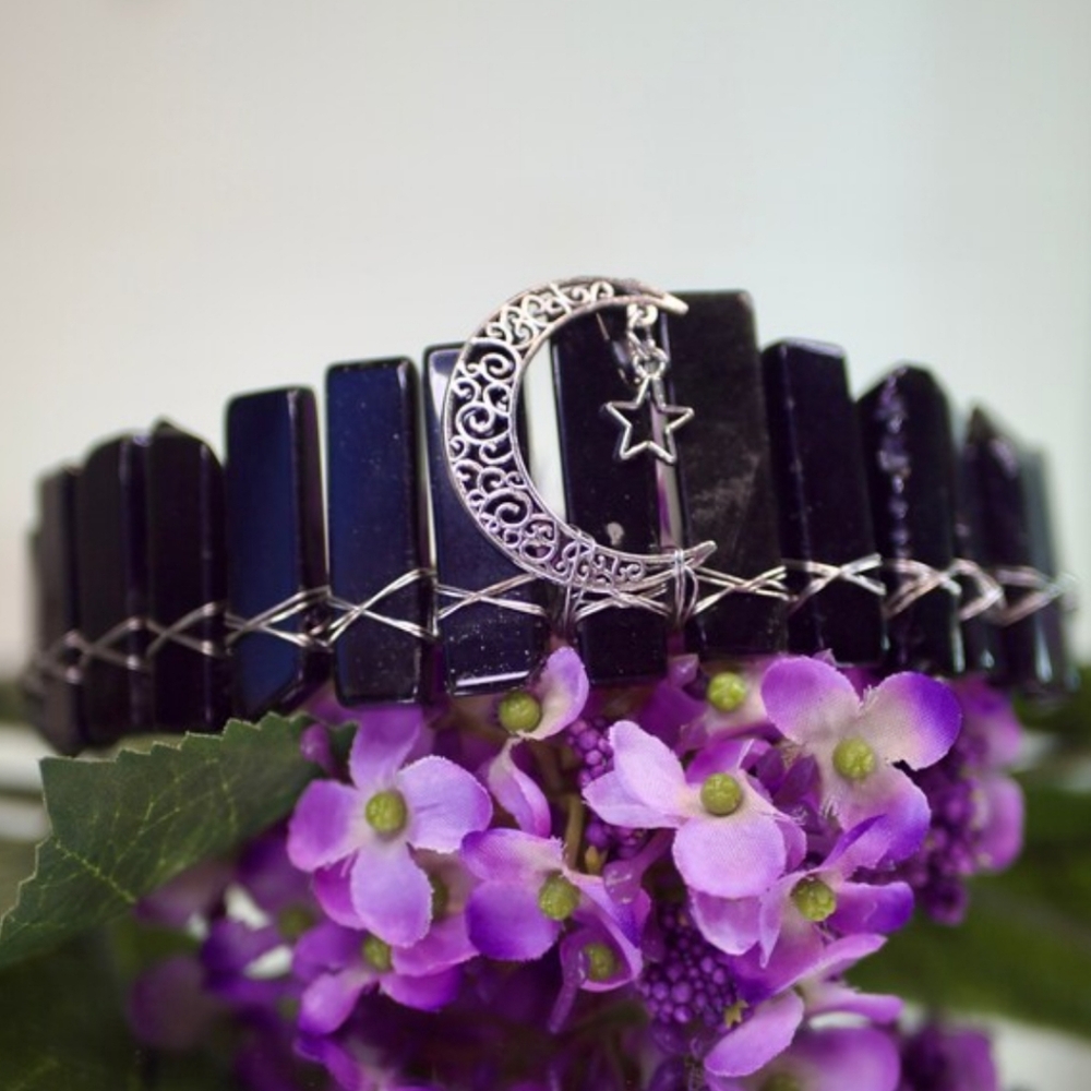 Black Obsidian Silver Wire Wrapped Crescent Moon Crown